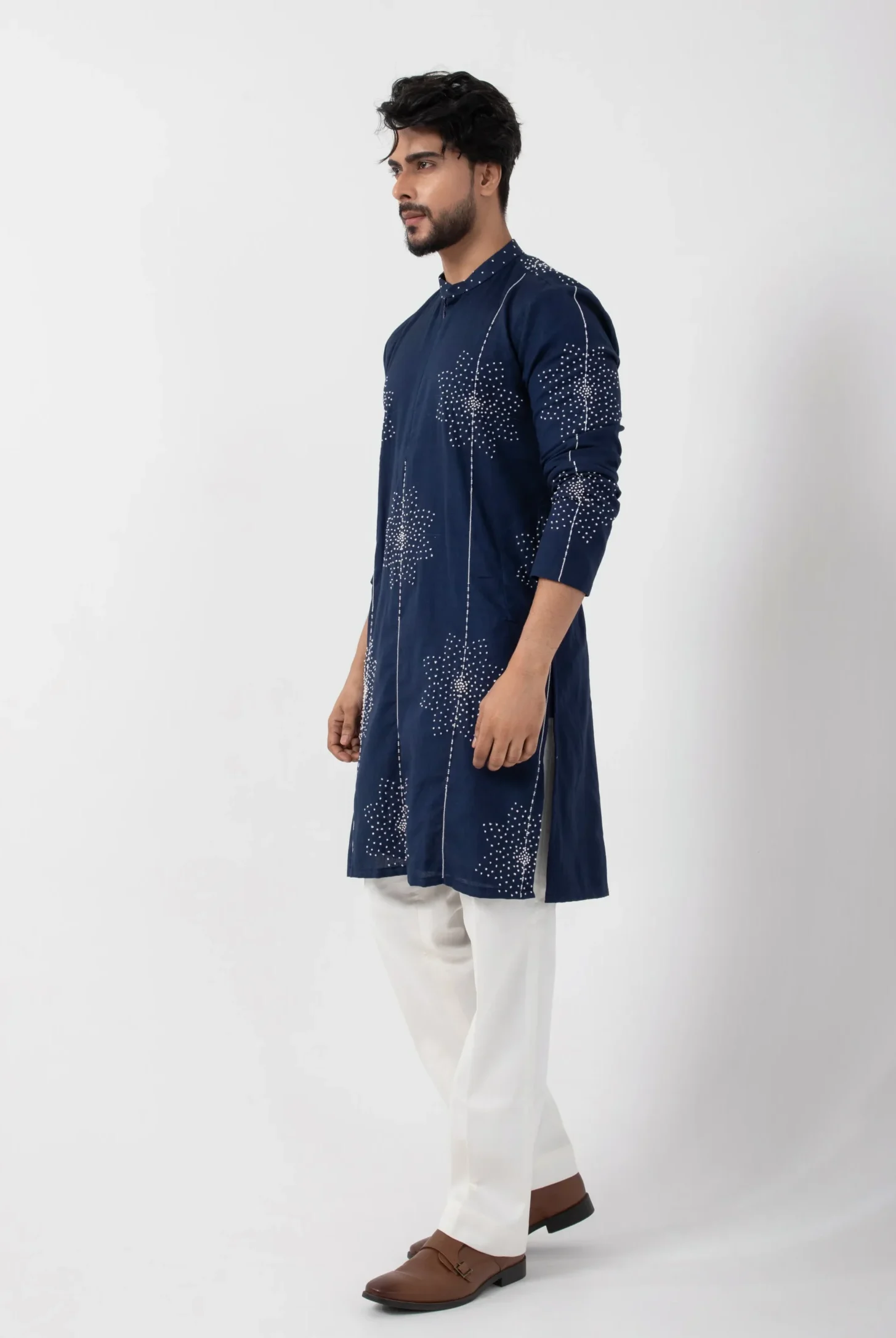 Navy Blue Embroidered Kurta with Floral Motifs from Golden Muslin By Anuj Agarwal