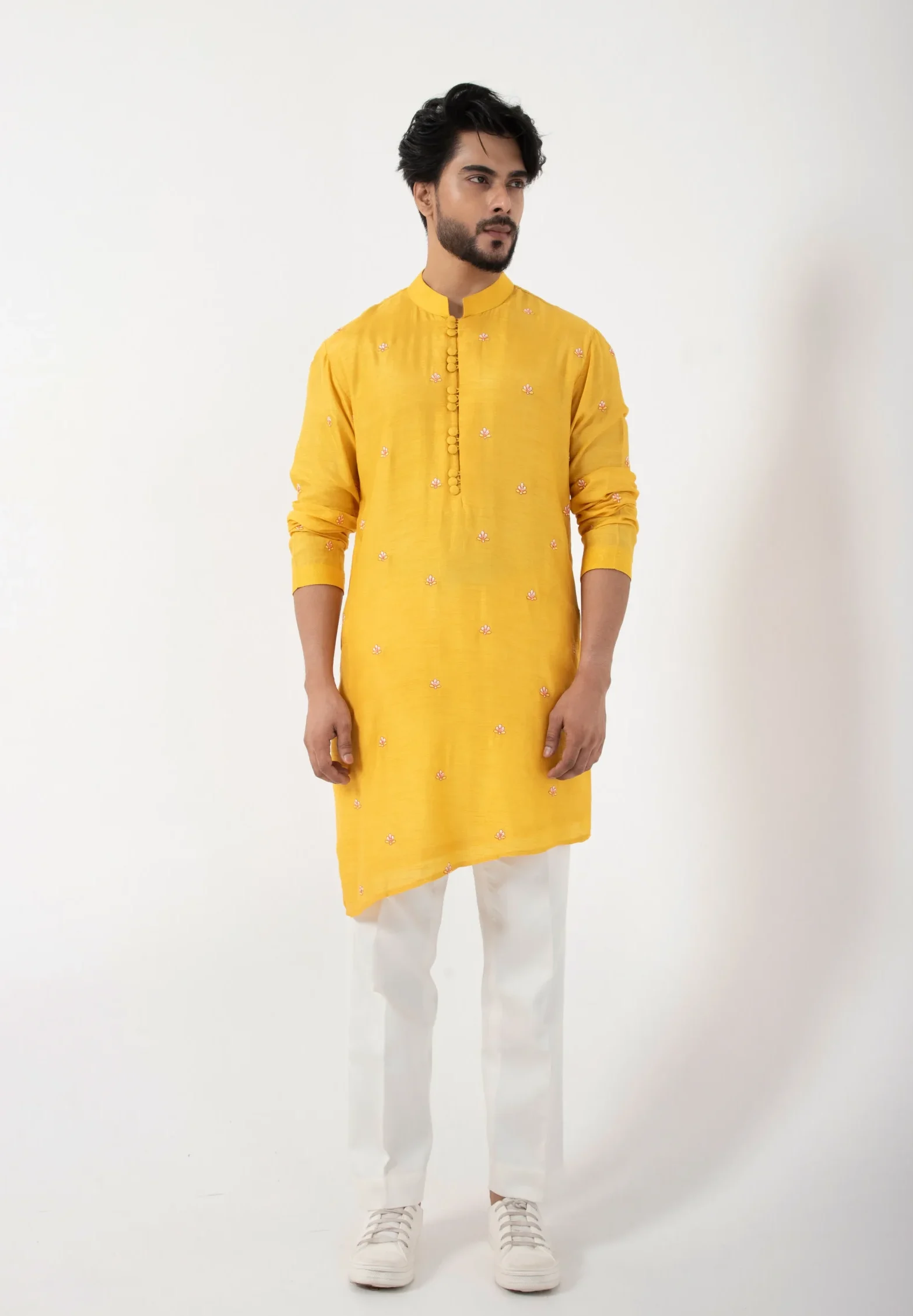 Golden Muslin Yellow Asymmetric Kurta Set in Silk Mulmul with Floral Motifs