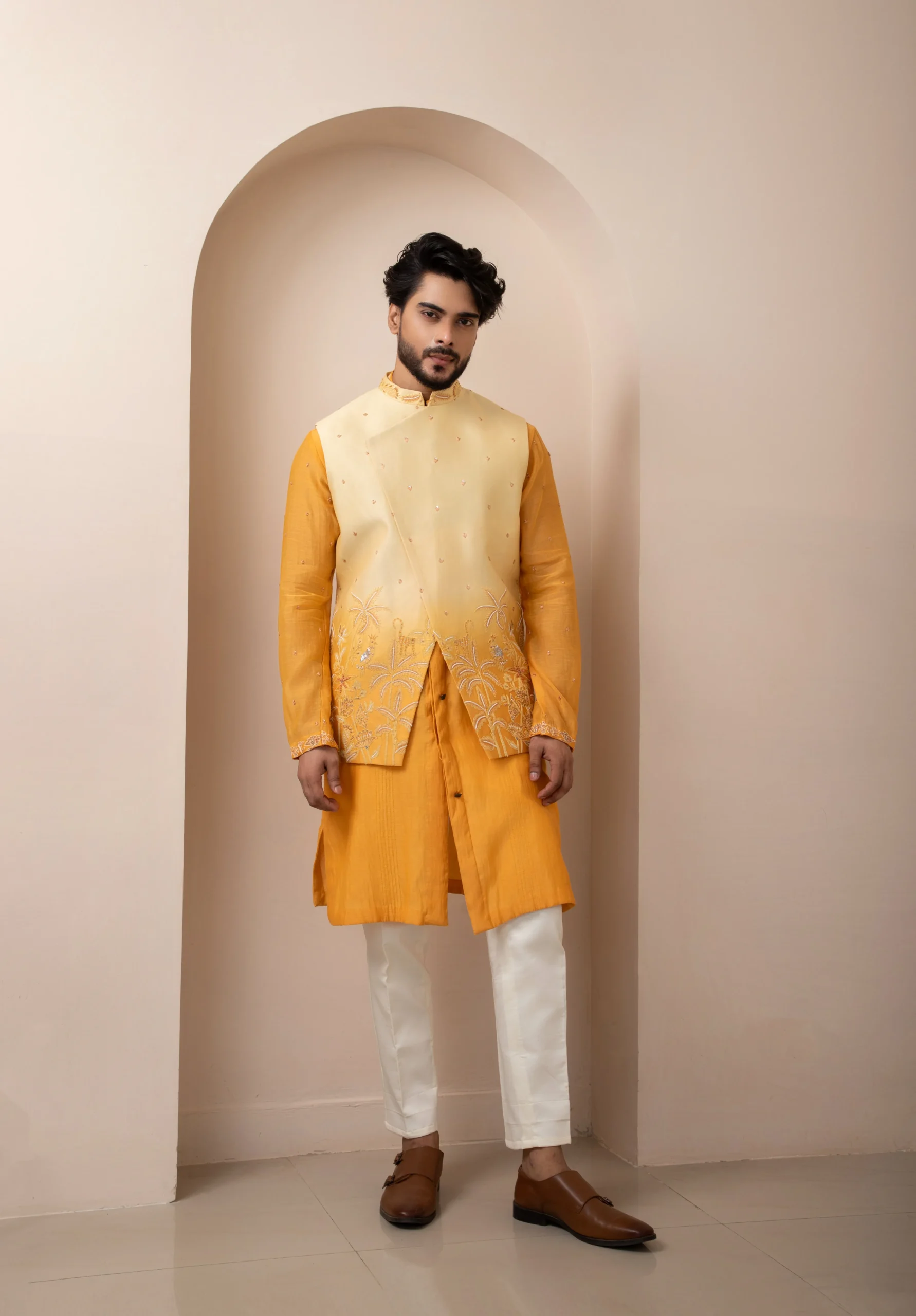 Golden Muslin Mustard & Cream Chanderi Nehru Jacket and Kurta Set with Ombre Embroidery For Men