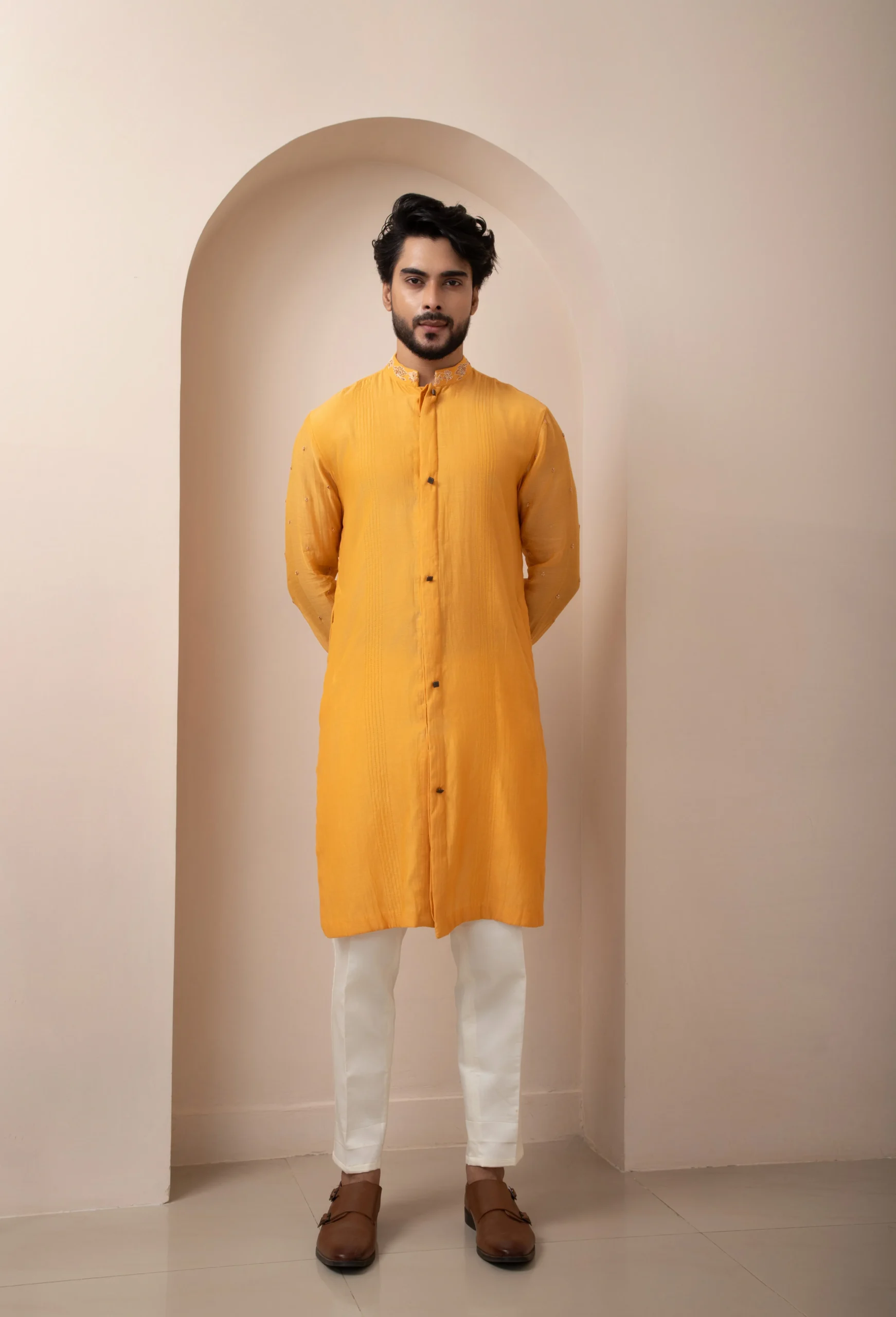 Golden Muslin Mustard Yellow Kurta Set in Chanderi Mulmul with Nehru Collar