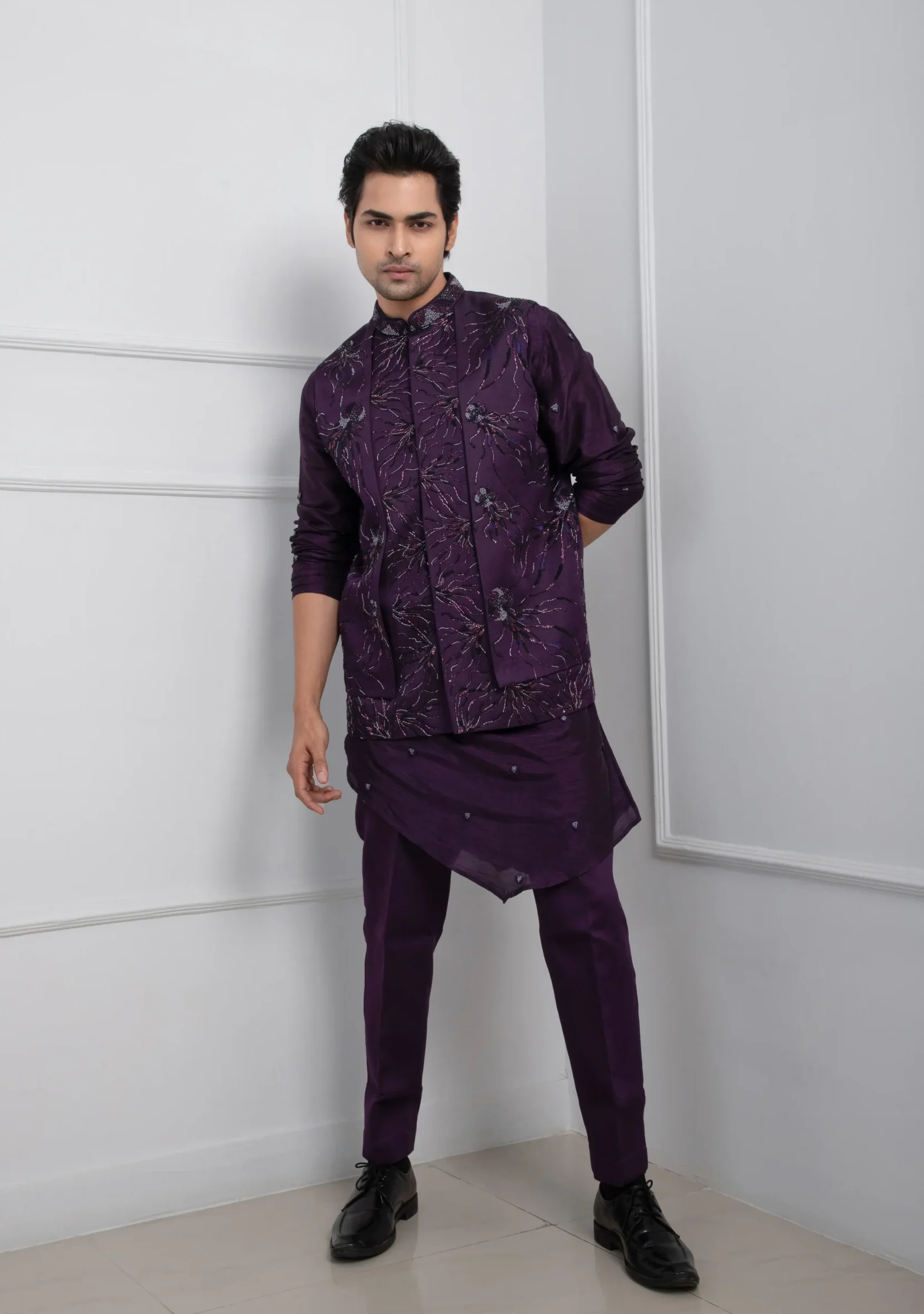 Purple Nehru Jacket and Kurta Set with Embroidery from Golden Muslin By Anuj Agarwal