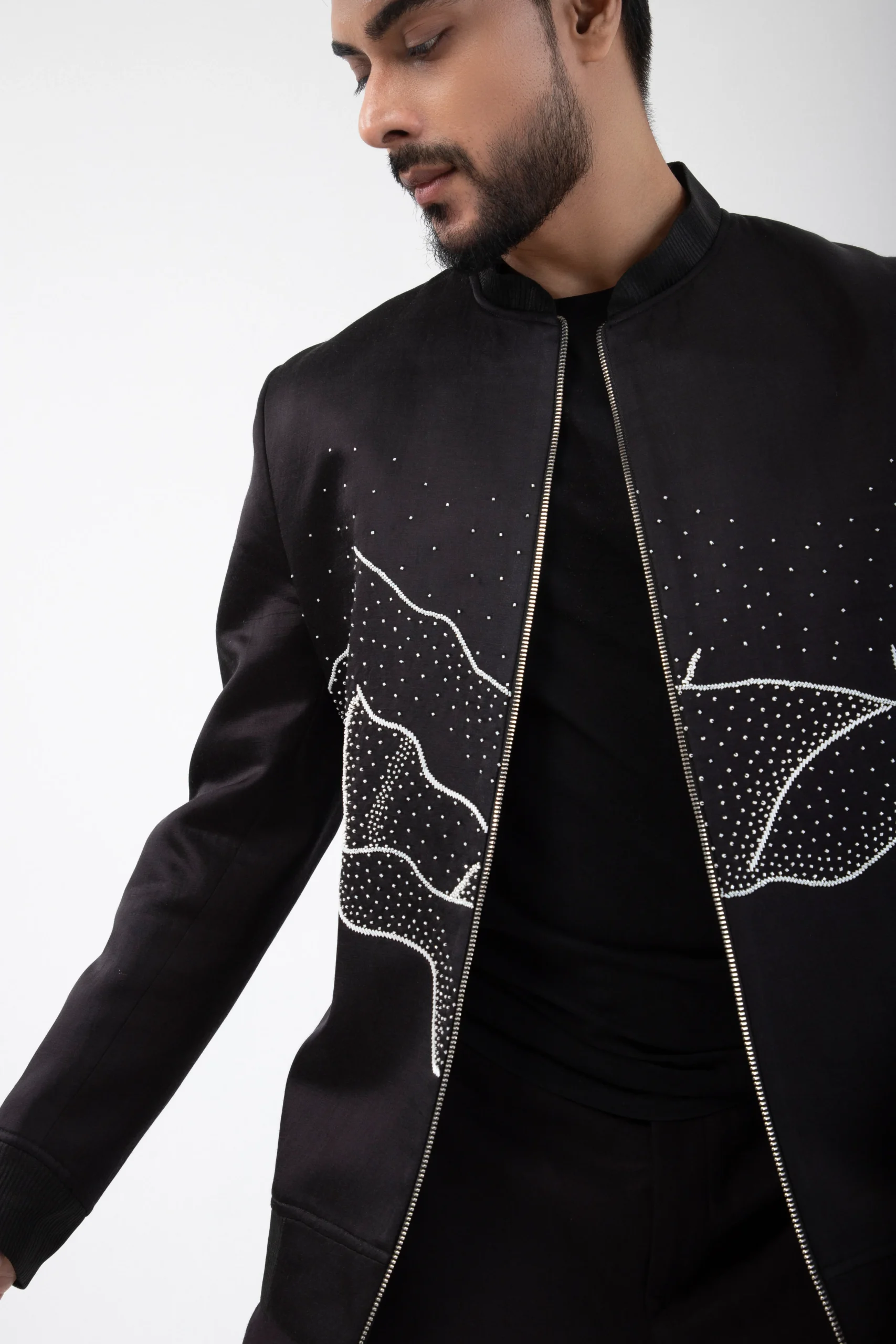 Golden Muslin Black Linen Satin Bomber Jacket for Men with Silver Embellishment