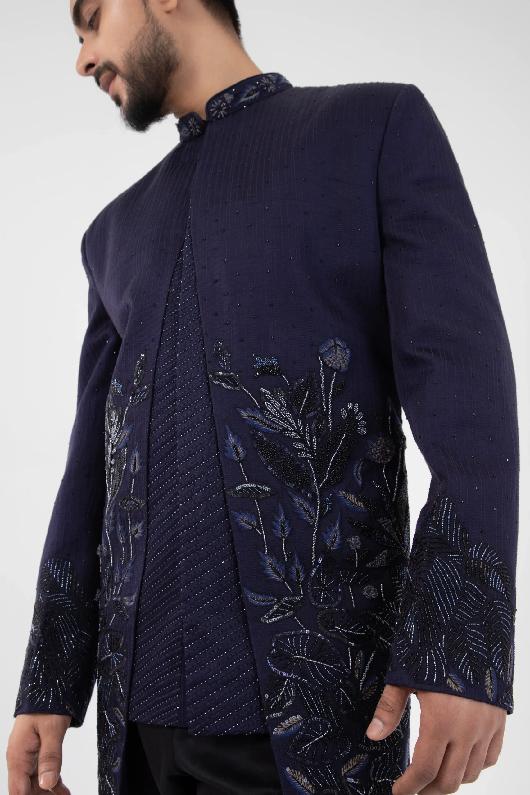 Navy Blue Indo Western Embroidered Nehru Jacket from Golden Muslin By Anuj Agarwal