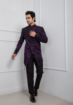 Plum Indo Western Bandhgala Jacket Set with Embroidery from Golden Muslin By Anuj Agarwal