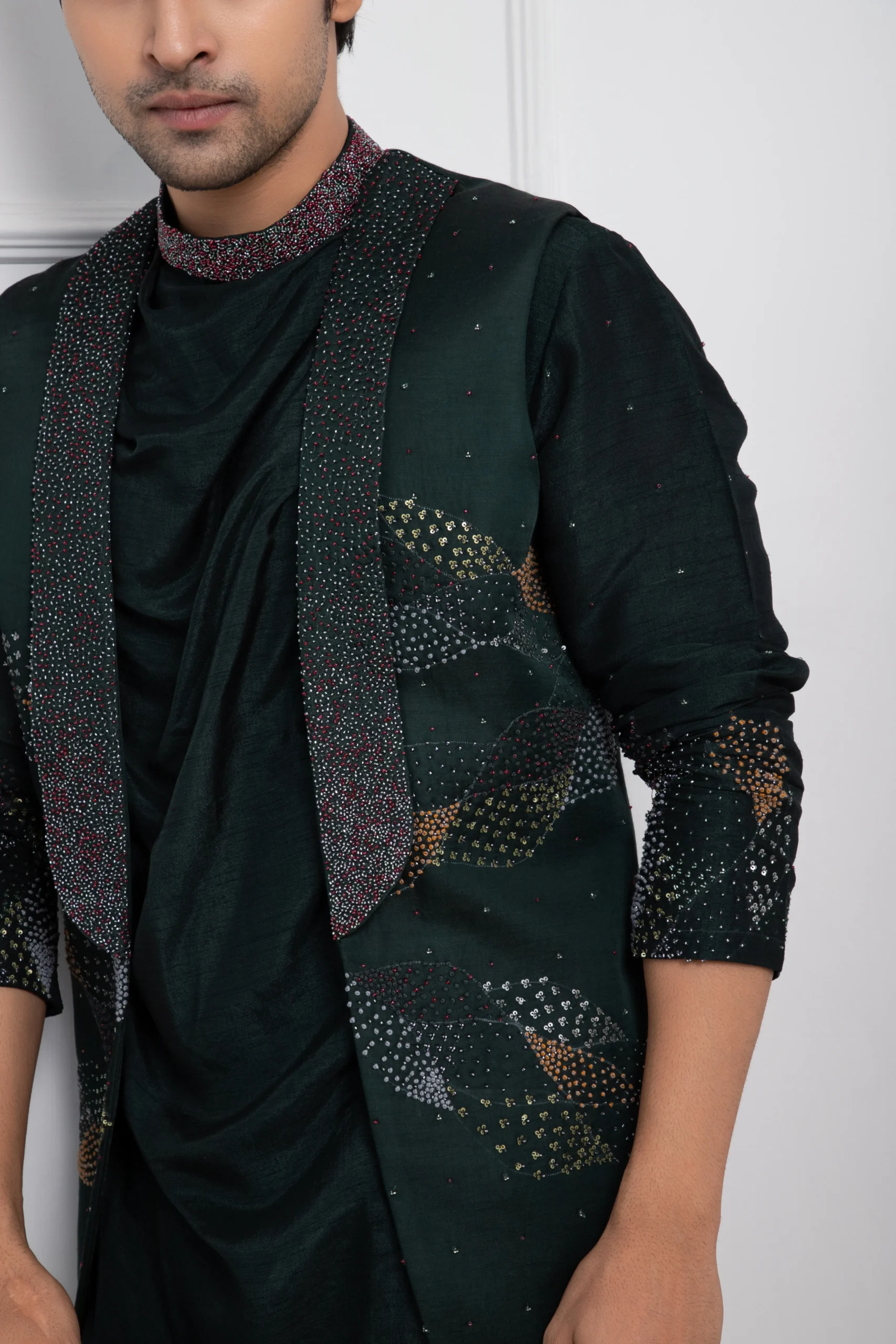 Forest Green Draped Indo Western Set with Embellished Jacket from Golden Muslin By Anuj Agarwal