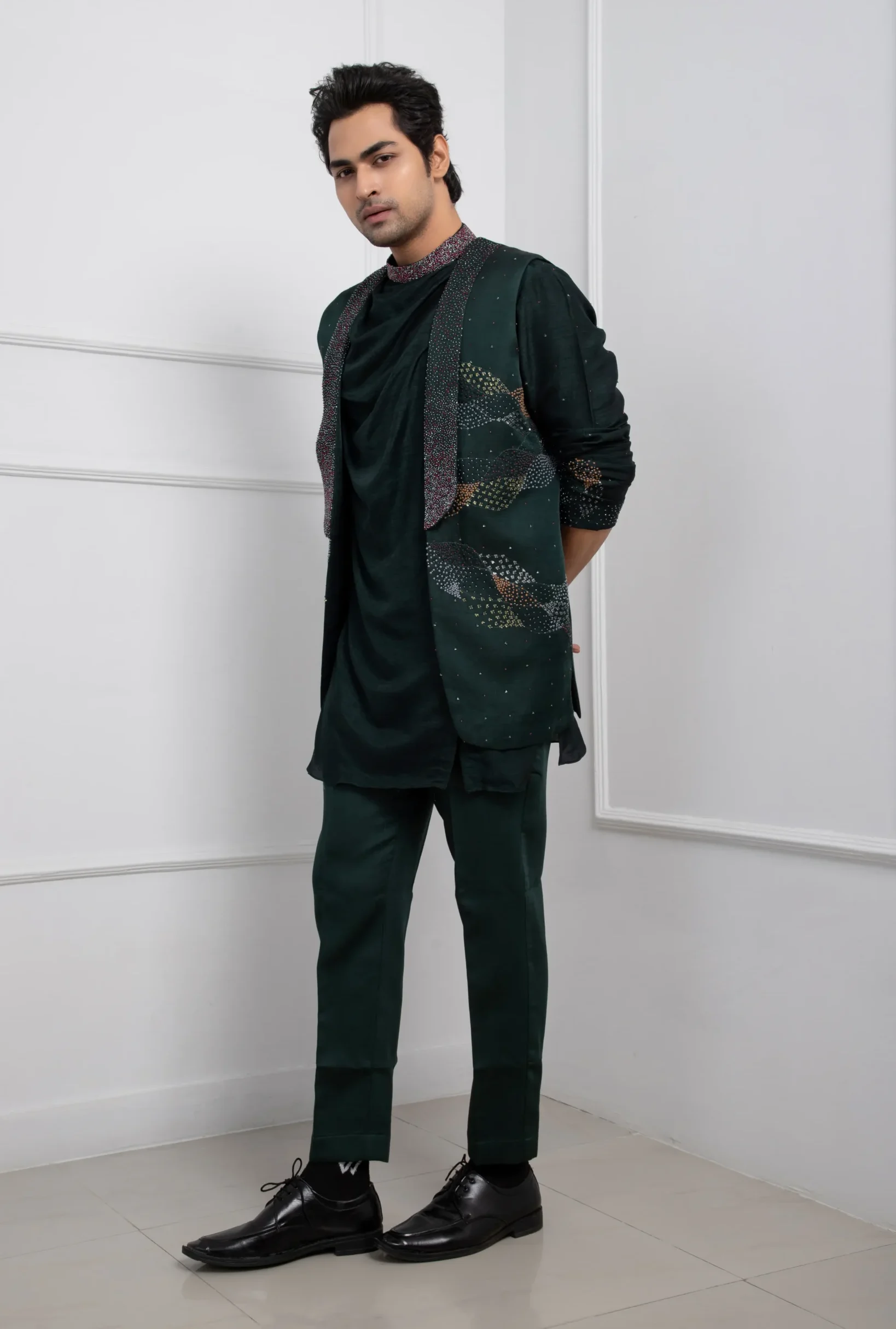 Forest Green Silk Mulmul Kurta Set with Embellished Jacket from Golden Muslin By Anuj Agarwal