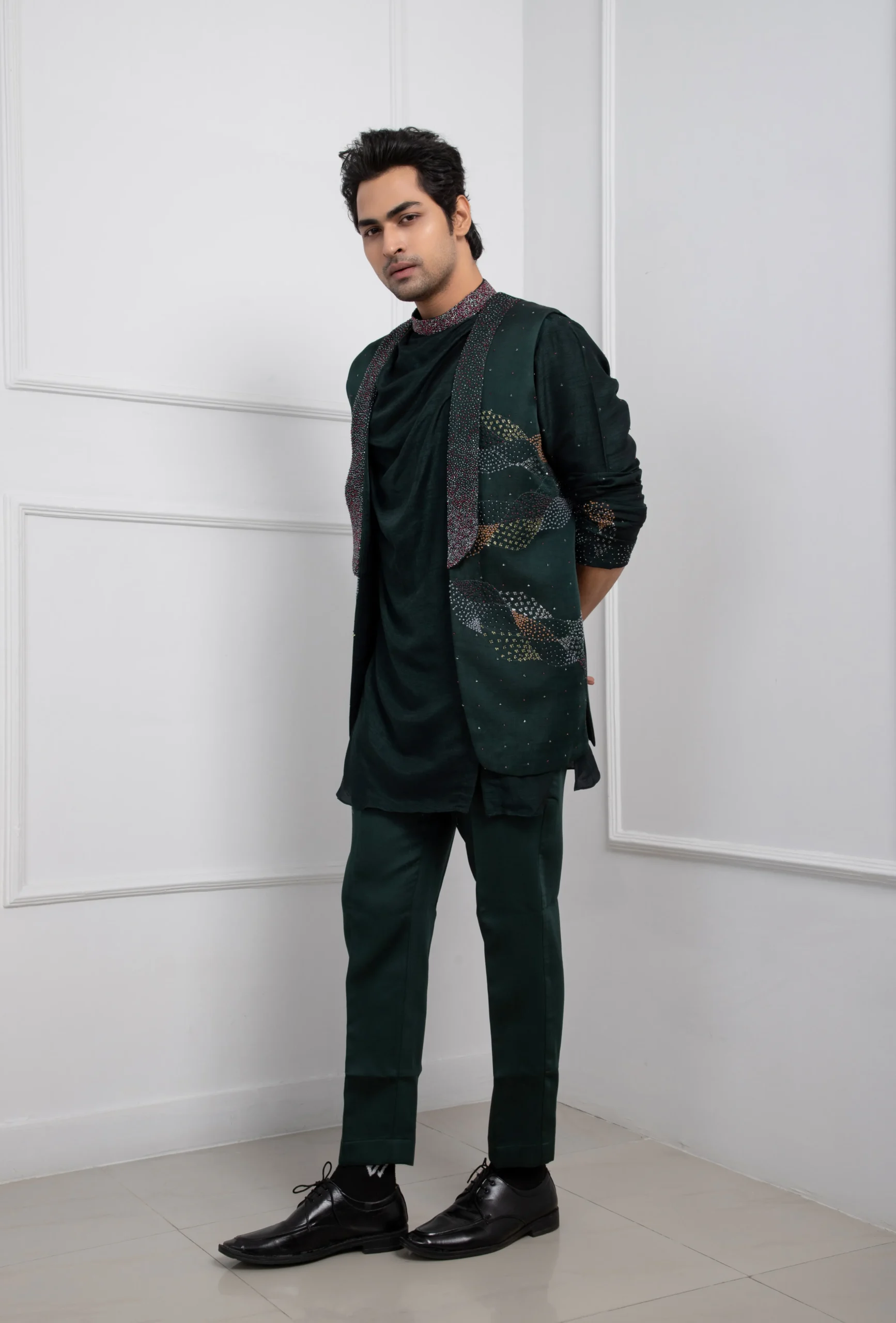 Forest Green Silk Mulmul Kurta Set with Embellished Jacket from Golden Muslin By Anuj Agarwal