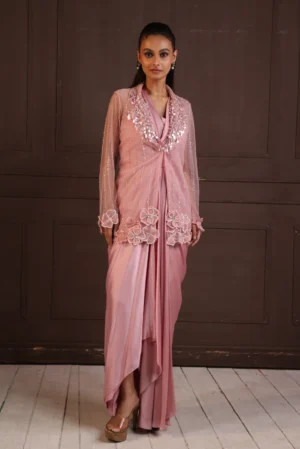 Blush pink embroidered fusion gown with elegant jacket from Golden Muslin By Anuj Agarwal
