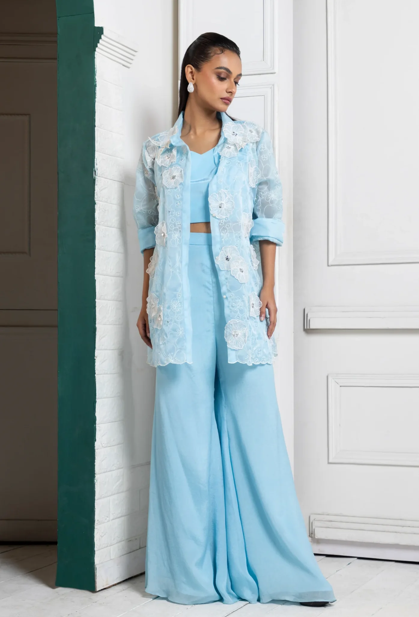Powder blue embroidered co-ord set with sheer jacket and palazzo pants from Golden Muslin By Anuj Agarwal