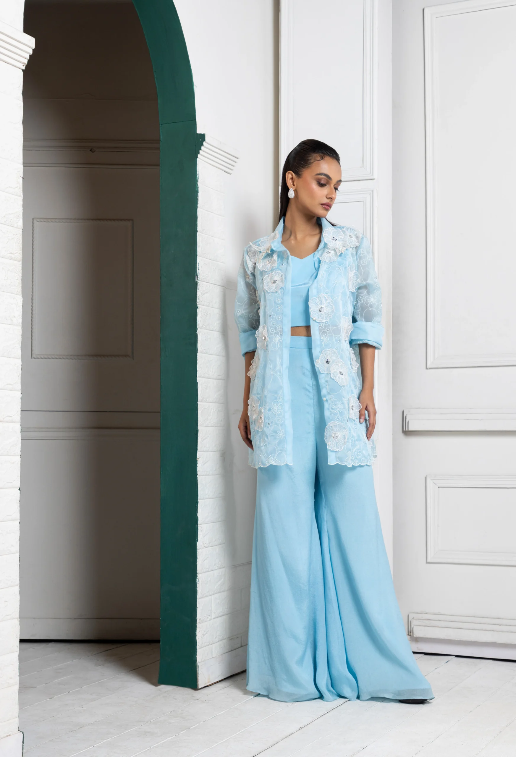 Powder blue embroidered co-ord set with sheer jacket and palazzo pants from Golden Muslin By Anuj Agarwal