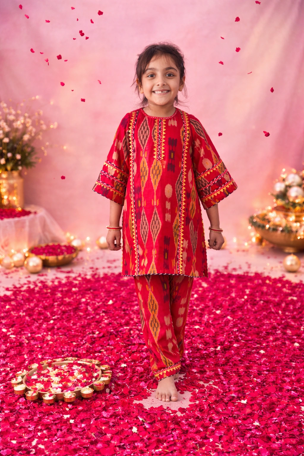 Red Chanderi Choga Set with mirror work and ikat salwar from Golden Muslin By Choti Buti