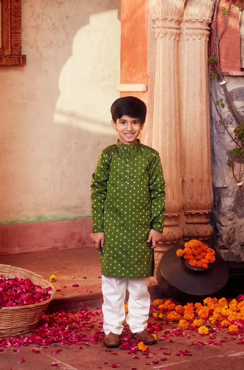 Elegant Green Banarasi Silk Kurta Set with White Pant from Golden Muslin By Choti Buti