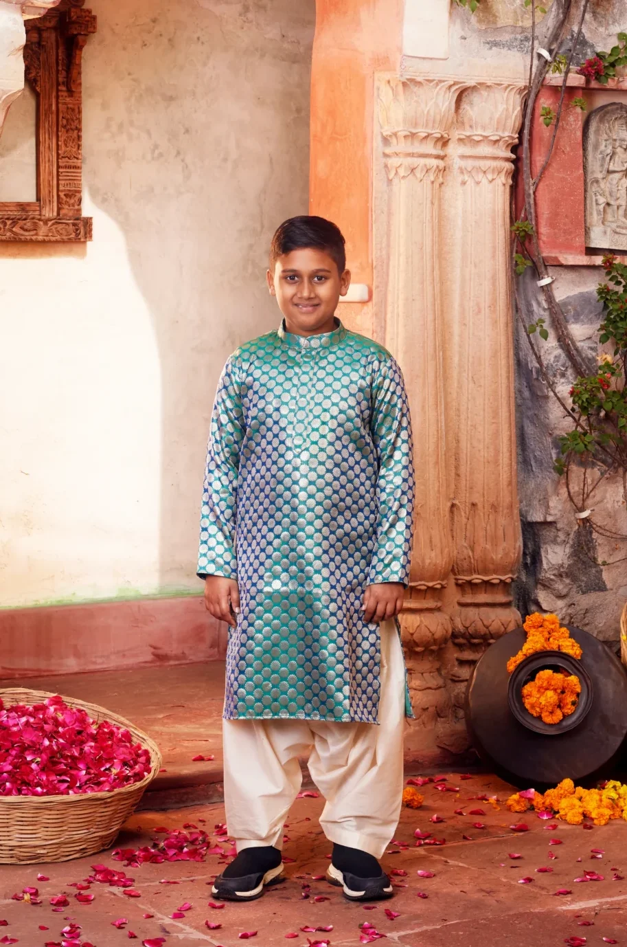 Elegant Sky Blue Banarasi Silk Kurta Set with White Pant from Golden Muslin By Choti Buti