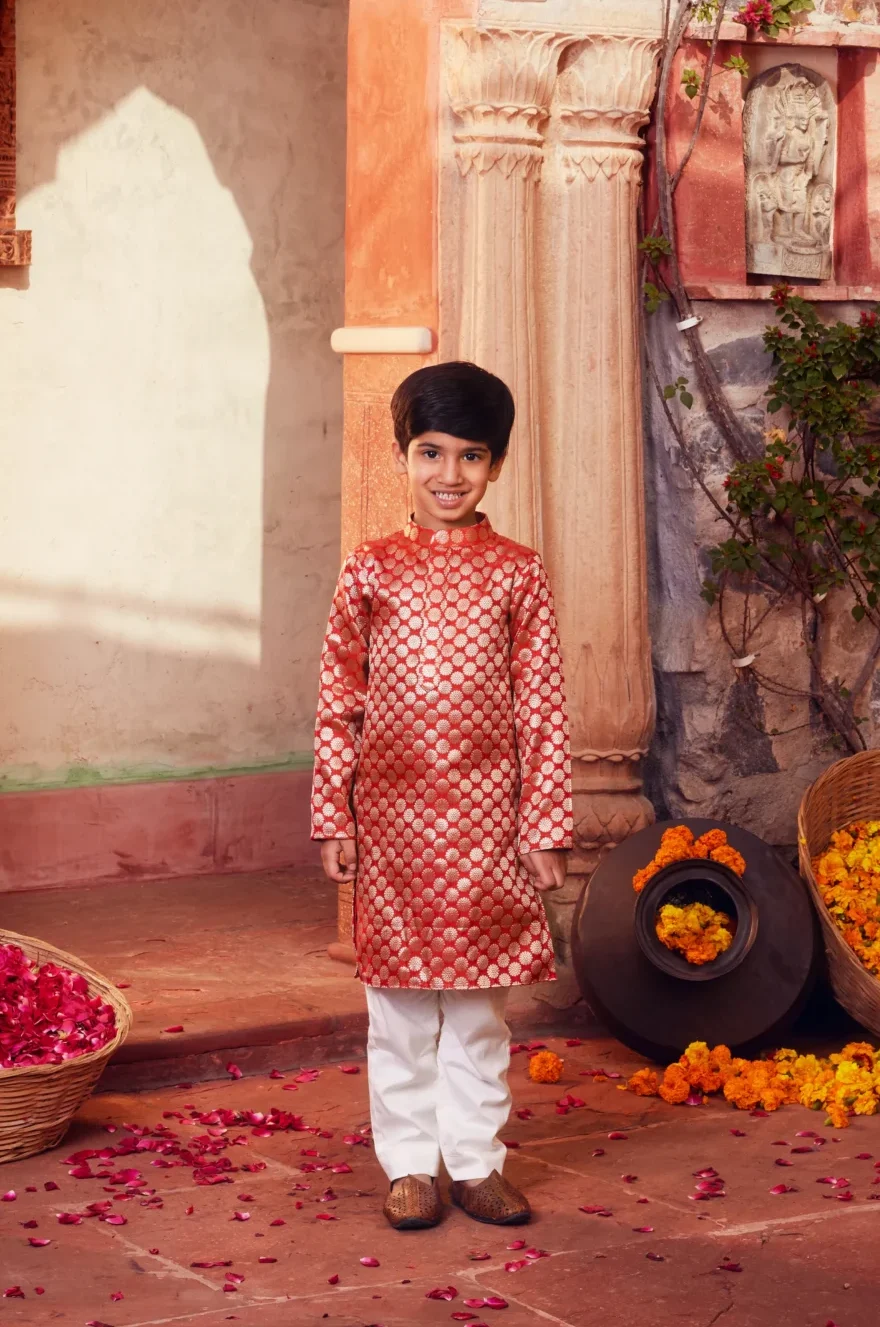 Elegant Orange Banarasi Silk Kurta Pajama Set for Boys from Golden Muslin By Choti Buti