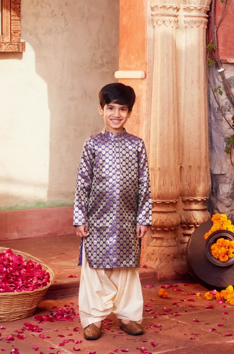 Elegant Purple Banarasi Silk Kurta Pajama Set for Boys from Golden Muslin By Choti Buti