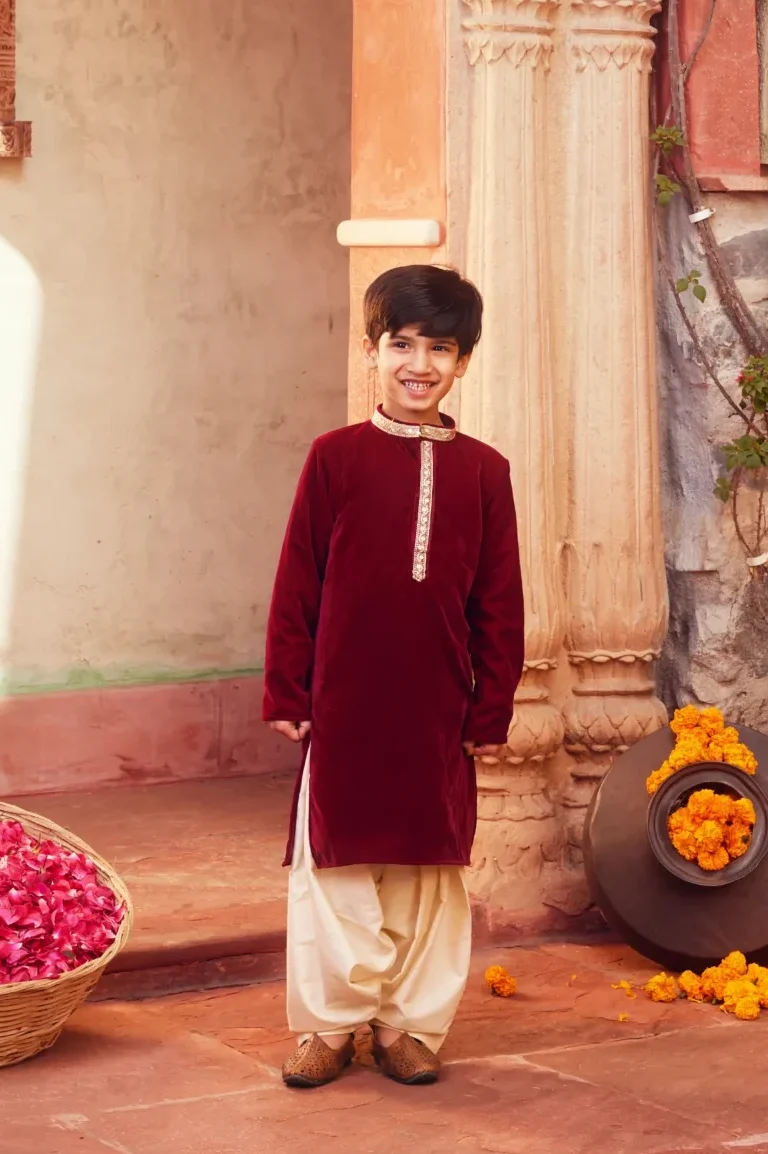 Elegant Maroon Velvet Kurta Set for Boys with White Pant from Golden Muslin By Choti Buti