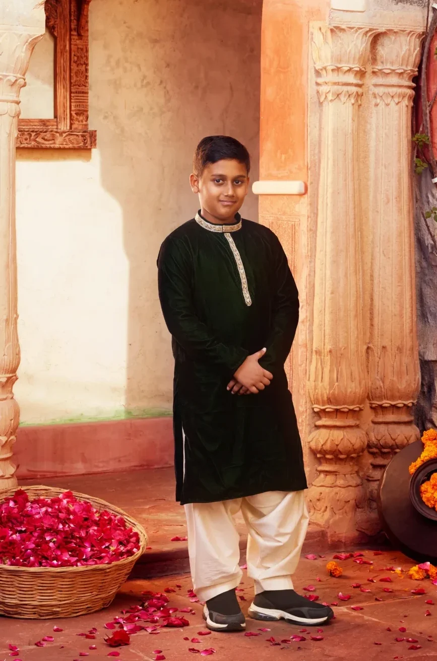 Elegant Dark Green Velvet Kurta Pajama Set for Boys from Golden Muslin By Choti Buti