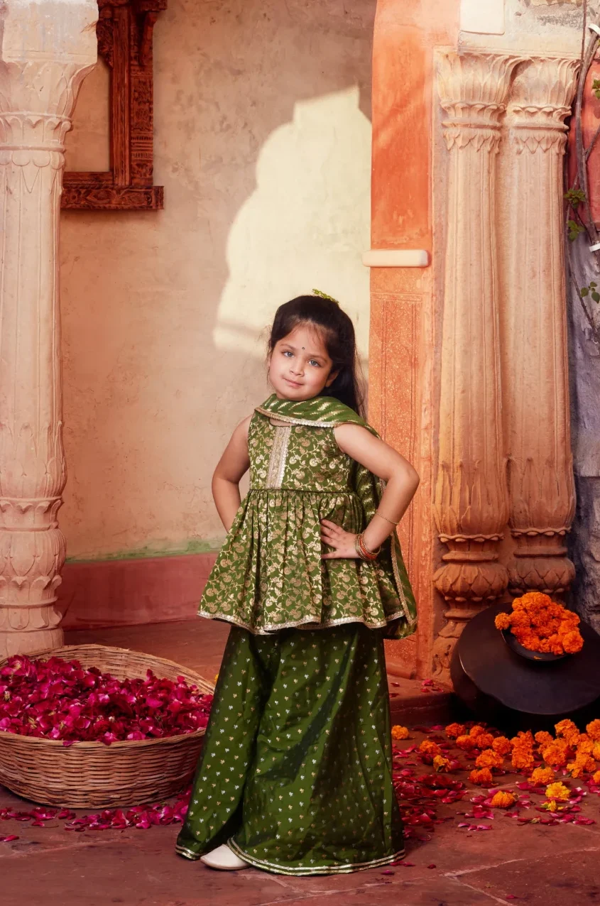 Elegant Green Banarasi Silk Peplum Set with Palazzo and Dupatta from Golden Muslin By Choti Buti