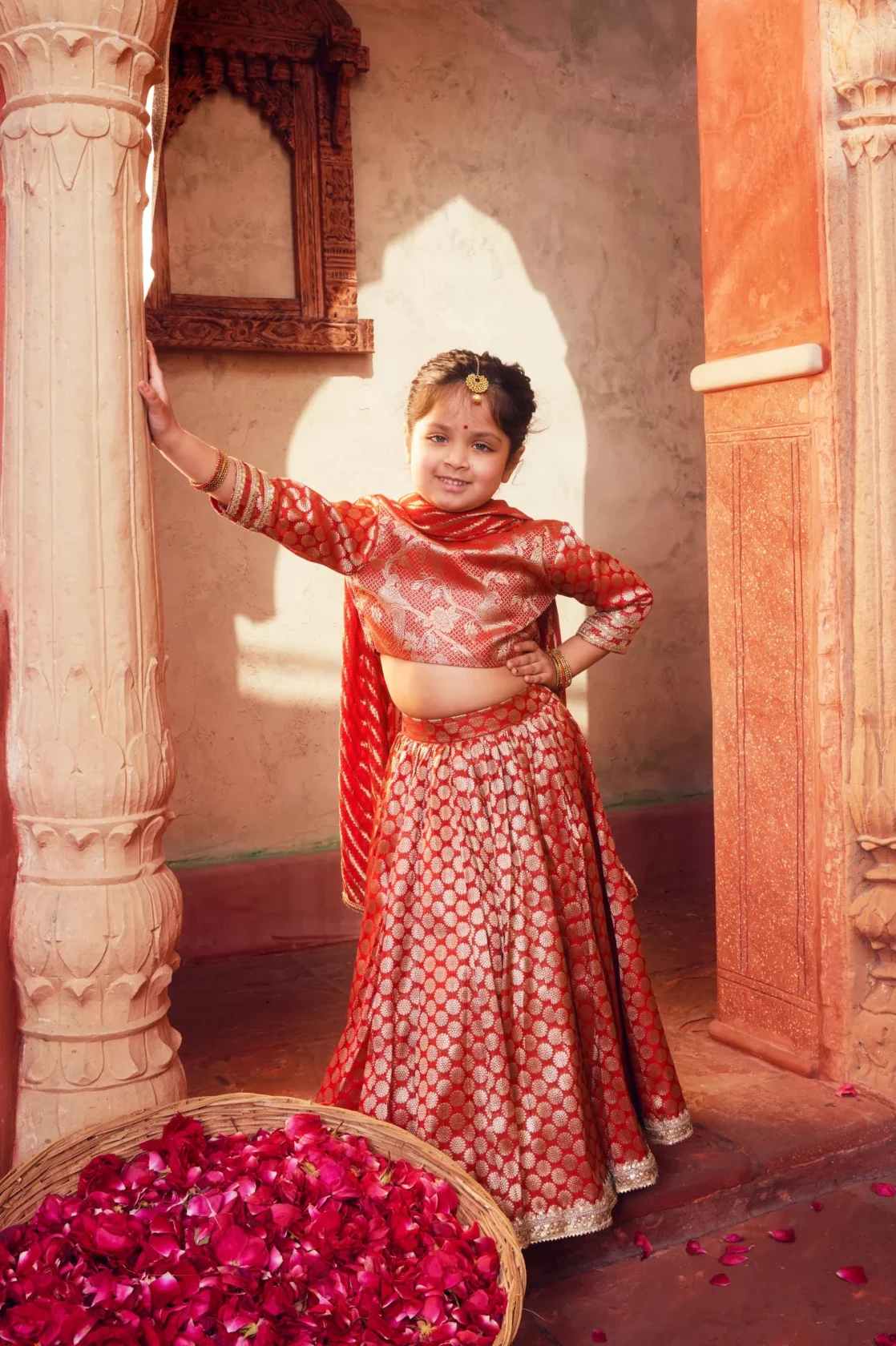 Elegant Orange Banarasi Silk Brocade Lehenga Set with Choli and Dupatta from Golden Muslin By Choti Buti