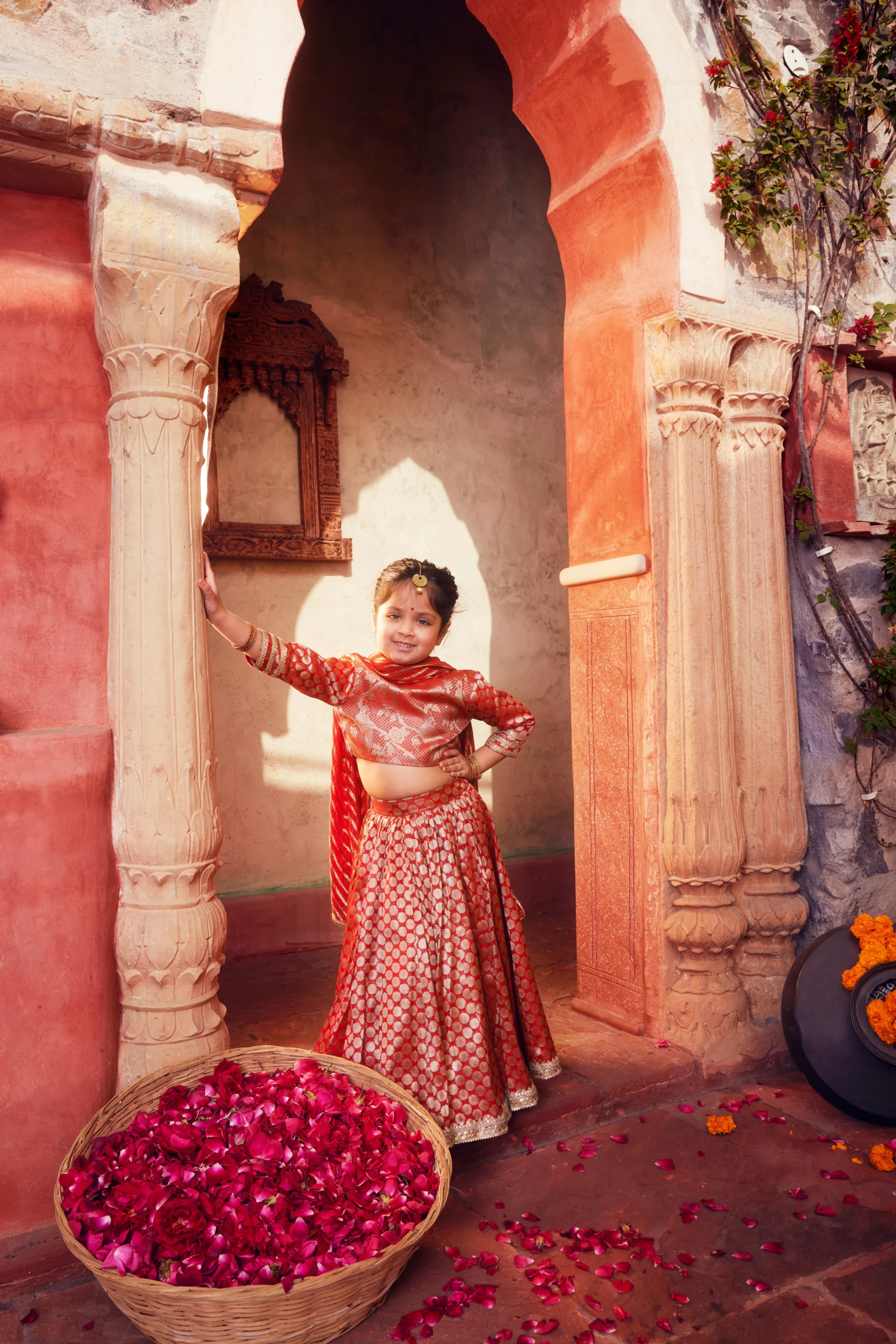 Elegant Orange Banarasi Silk Brocade Lehenga Set with Choli and Dupatta from Golden Muslin By Choti Buti