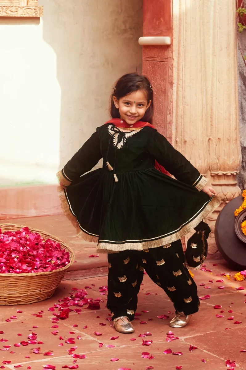 Elegant Dark Green Velvet Kurta Set with Salwar and Dupatta from Golden Muslin By Choti Buti