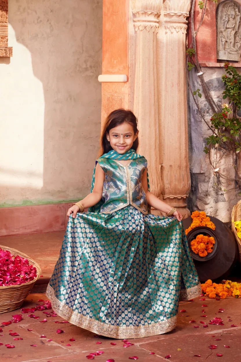 Elegant Sky Blue Banarasi Silk Brocade Lehenga Set with Choli and Dupatta from Golden Muslin By Choti Buti