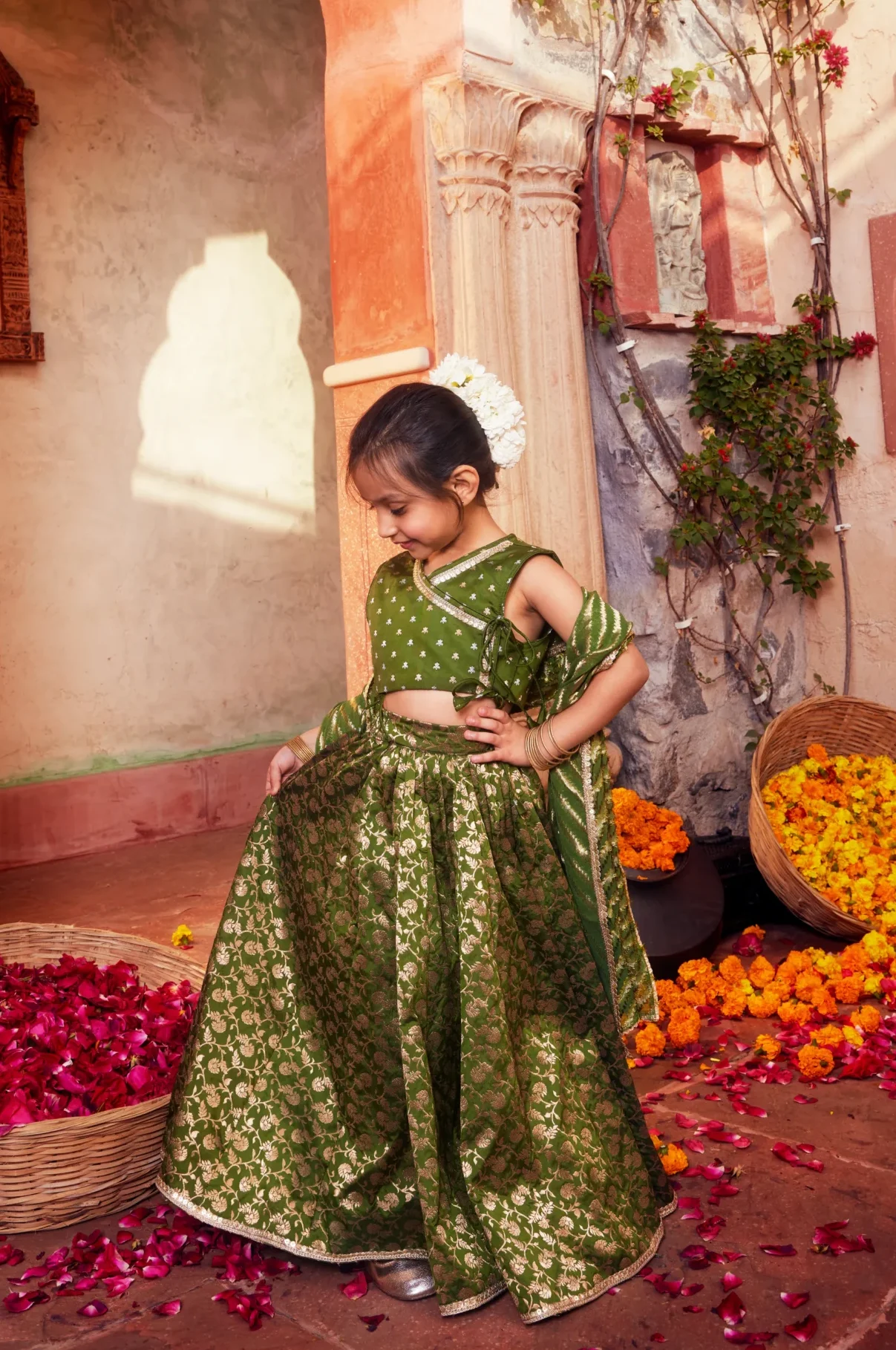 Elegant Green Banarasi Silk Brocade Lehenga Set with Choli and Dupatta from Golden Muslin By Choti Buti