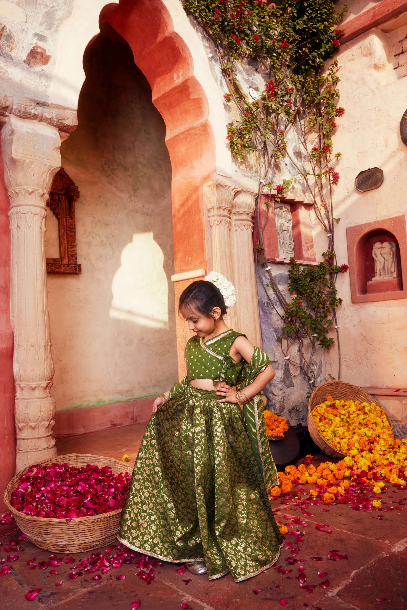 Elegant Green Banarasi Silk Brocade Lehenga Set with Choli and Dupatta from Golden Muslin By Choti Buti