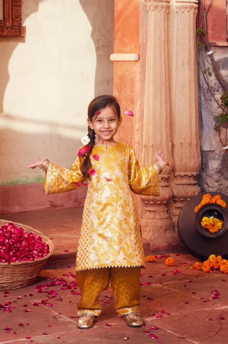 Elegant Mustard Banarasi Silk Brocade Kurta Set with Salwar from Golden Muslin By Choti Buti