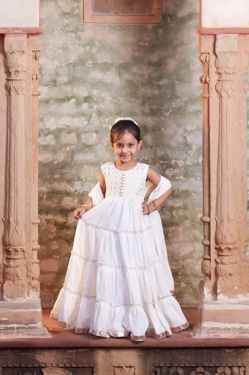 Elegant White Cotton Anarkali Set with Dupatta from Golden Muslin By Choti Buti