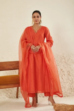 Orange Chanderi Pleated Kurta Set with Hand Embroidery & Organza Dupatta