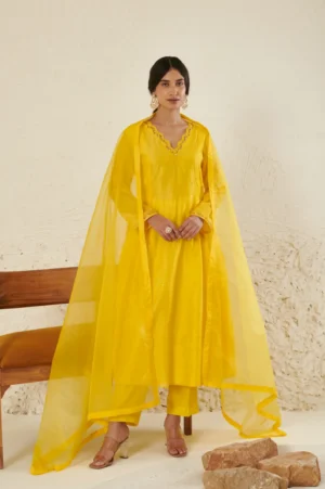 Sun Yellow Chanderi Pleated Kurta Set with Embroidery & Organza Dupatta