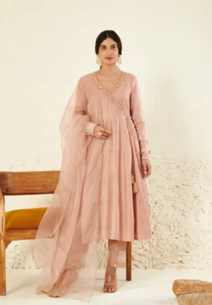 Peach Angrakha Chanderi Kurta Set with Scalloped Organza Dupatta