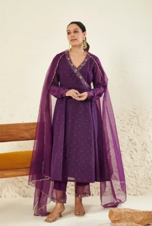 Royal Purple Angrakha Chanderi Kurta Set with Scalloped Organza Dupatta