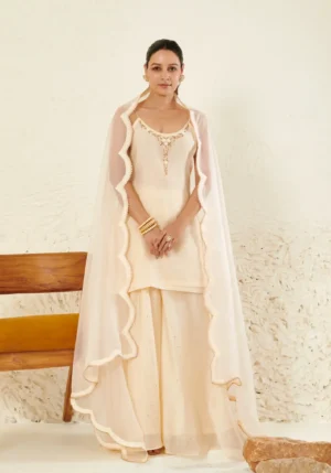 Ivory Chanderi Spaghetti Kurta with Mukesh Garara & Organza Dupatta