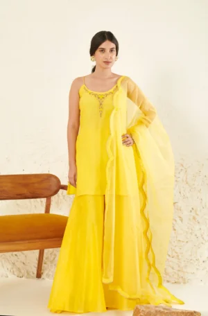Sun Yellow Chanderi Spaghetti Kurta with Mukesh Garara & Organza Dupatta