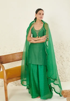 Emerald Green Chanderi Spaghetti Kurta with Mukesh Garara & Organza Dupatta