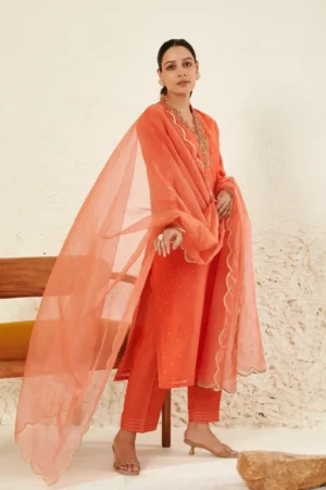 Coral Mukesh Work Chanderi Kurta Set with Scalloped Organza Dupatta