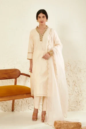 Ivory Mukesh Work Chanderi Kurta Set with Scalloped Organza Dupatta