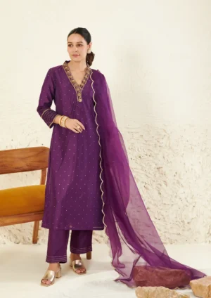 Royal Purple Mukesh Work Chanderi Kurta Set with Organza Dupatta