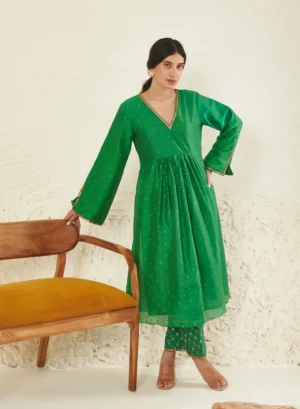 Emerald Mukesh Work Chanderi Pleated Kurta Set with Embroidered Palazzo