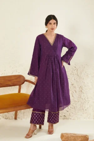 Royal Purple Mukesh Work Chanderi Pleated Kurta with Embroidered Palazzo