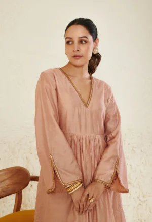 Blush Pink Mukesh Work Chanderi Pleated Kurta with Embroidered Palazzo