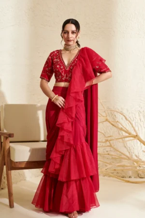 Magenta Organza Ruffle Saree with Hand Embroidered Blouse