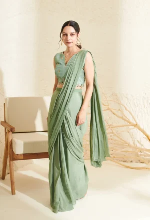 Sage Green Pleated Saree with Hand Embroidered Scalloped Blouse