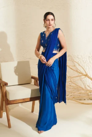 Royal Blue Pleated Saree with Hand Embroidered Scalloped Blouse