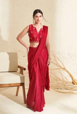 Magenta Pleated Saree with Hand Embroidered Scalloped Blouse