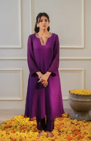 Purple Sequin Georgette A-Line Kurta Set with Chanderi Silk Straight Pants