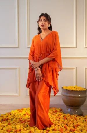 Orange Sequin Georgette Kaftan Set with Chanderi Silk Flared Pants for Women