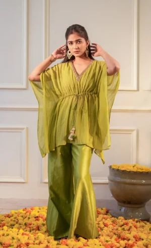 Lime Green Sequin Georgette Kaftan Set with Chanderi Silk Flared Pants